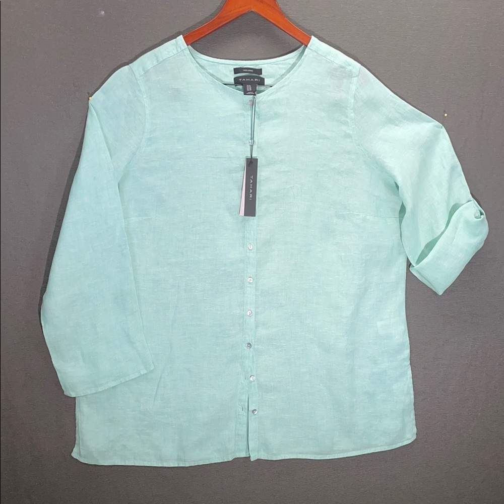 Tahari Green Boxy Button Down Tunic, 100% LINEN
